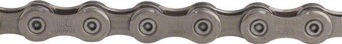 Close-up of a bicycle chain with a metallic finish